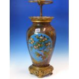 A JAPANESE CLOISONNE VASE ORMOLU MOUNTED AS A TWIN SOCKET LAMP, THE OVOID VASE WITH TWO BLUE