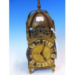 A LANTERN CLOCK, THE FRENCH TIMEPIECE MOVEMENT WITH PLATFORM ESCAPEMENT. H 28cms.