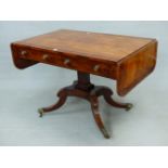 A REGENCY MAHOGANY SOFA TABLE, THE ROSEWOOD CROSS BANDED TOP ABOVE TWO DRAWERS, A SQUARE