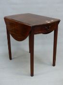 A GEORGIAN MAHOGANY OVAL PEMBROKE TABLE WITH BOW FRONT DRAWER TO ONE END ABOVE CHANNELLED SQUARE