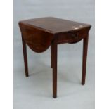 A GEORGIAN MAHOGANY OVAL PEMBROKE TABLE WITH BOW FRONT DRAWER TO ONE END ABOVE CHANNELLED SQUARE