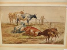 19th.C. ENGLISH SCHOOL. CATTLE WATERING. 21 x 32cms.