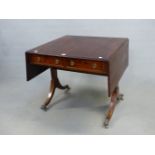 A 19th C. MAHOGANY SOFA TABLE, THE RECTANGULAR FLAP TOP OVER TWO DRAWERS, ON SPLAY LEGS