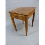 A FRENCH 19th.C. WALNUT TABLE, THE RECTANGULAR TOP OVER A DRAWER TO ONE NARROW END, THE CABRIOLE L