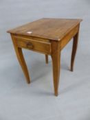 A FRENCH 19th.C. WALNUT TABLE, THE RECTANGULAR TOP OVER A DRAWER TO ONE NARROW END, THE CABRIOLE L