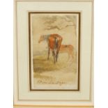SIR EDWIN LANDSEER (1802-1873). SKETCH OF TWO HORSES. SIGNED WATERCOLOUR. 11.5 x 6.5cms.
