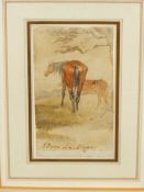 SIR EDWIN LANDSEER (1802-1873). SKETCH OF TWO HORSES. SIGNED WATERCOLOUR. 11.5 x 6.5cms.