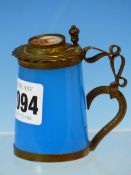 A 19th C. FRENCH OPAQUE BLUE GLASS SOUVENIR MUG MOUNTED WITH METAL HANDLE, THE HINGED LID INSET WITH