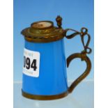 A 19th C. FRENCH OPAQUE BLUE GLASS SOUVENIR MUG MOUNTED WITH METAL HANDLE, THE HINGED LID INSET WITH