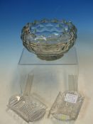 A LATE 18th C. CUT GLASS BOWL, POSSIBLY IRISH, THE TREFOIL CUT OVAL RIM ABOVE TWO ROWS OF DIAMONDS