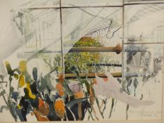 MICHAEL SCHREIBER (b. 1949). ARR. THE GREENHOUSE. WATERCOLOUR, SIGNED. 58 x 68.5cms.