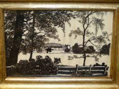 AN EARLY 19th.C. OVAL SILKWORK PICTURE OF A COUNTRY COTTAGE, MOUNTED IN EGLOMISE FRAME, A SMALLER