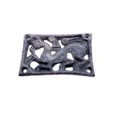 A SAXON BRONZE OPEN WORK BELT MOUNT, THE RECTANGULAR SHAPE CAST WITH A GRIFFIN. W 3.5cms.