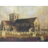 19th.C. ENGLISH NAIVE SCHOOL. THE CHURCHYARD. INDISTINCTLY INITIALLED, OIL ON BOARD. 35 x 61.5cms.