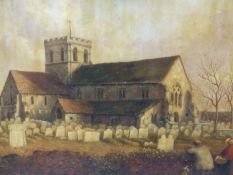 19th.C. ENGLISH NAIVE SCHOOL. THE CHURCHYARD. INDISTINCTLY INITIALLED, OIL ON BOARD. 35 x 61.5cms.