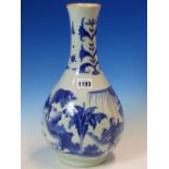 A CHINESE BLUE AND WHITE BOTTLE VASE, THE WAISTED NECK WITH FLOWER STEMS ALTERNATING WITH PRECIOUS