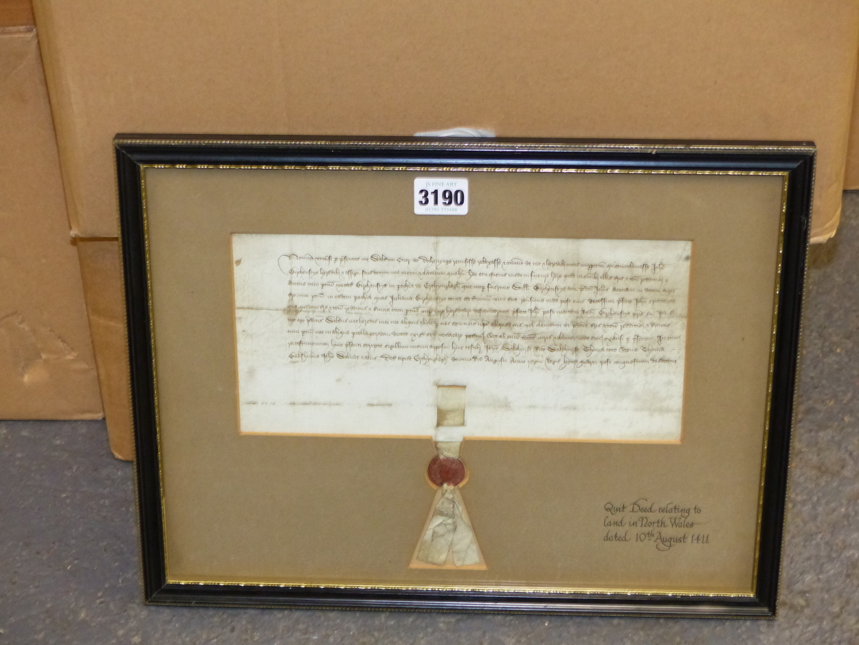 A FRAMED QUIT DEED RELATING TO LAND IN NORTH WALES DATED 10TH AUGUST 1411 AND TIED WITH A RED WAX - Image 8 of 9