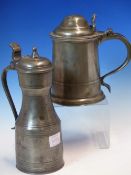 THOMAS BANCKES, WIGAN, A PEWTER LIDDED TANKARD WITH SCROLL THUMBPIECE. H 18cms.TOGETHER WITH A