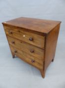 A 19th C. MAHOGANY CHEST OF THREE GRADED DRAWERS ABOVE A BOWED APRON RUNNING INTO SPLAY LEGS. W 91 x