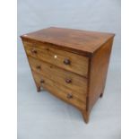 A 19th C. MAHOGANY CHEST OF THREE GRADED DRAWERS ABOVE A BOWED APRON RUNNING INTO SPLAY LEGS. W 91 x