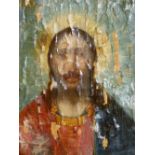 OLD MASTER SCHOOL. FULL LENGTH PORTRAIT OF CHRIST ABOVE PANEL OF SCRIPT. OIL ON BOARD. 124 x 66cms.