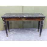 AN EARLY 19th C. EBONISED SIDE TABLE WITH VARIEGATED BLACK MARBLE TOP OVER A LONG DRAWER APPLIED WIT