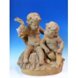 A 19th C. FRENCH TERRACOTTA GROUP OF TWO NAKED CHILDREN IN DISCUSSION WHILE SEATED ON A