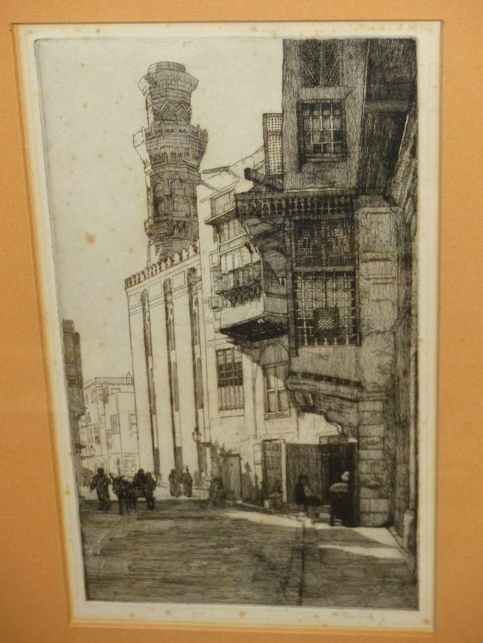 MARJORIE SHERLOCK (1897-1973). ARR. AN EASTERN CITY VIEW. SIGNED ETCHING. 32 x 19cms. TOGETHER