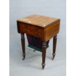 A GILLOWS TASTE MAHOGANY FLAP TOP WORK TABLE WITH TWO DRAWERS ABOVE THE SLIDE OUT WORK BAG BETWEEN