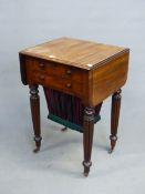 A GILLOWS TASTE MAHOGANY FLAP TOP WORK TABLE WITH TWO DRAWERS ABOVE THE SLIDE OUT WORK BAG BETWEEN