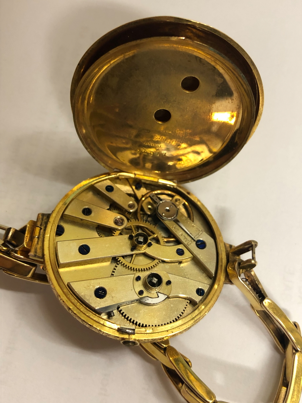 AN 18ct GOLD SWISS FOB WATCH REMODELLED AS A WRIST WATCH, CASE MARKED WITH SWISS HELVETIA - Image 7 of 11