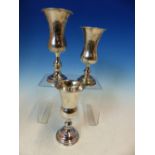 TWO HALLMARKED SILVER AND ONE STERLING STAMPED JUDAICA STYLE WAISTED GOBLETS, WITH HAND ENGRAVED