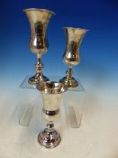 TWO HALLMARKED SILVER AND ONE STERLING STAMPED JUDAICA STYLE WAISTED GOBLETS, WITH HAND ENGRAVED