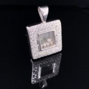 A 14ct WHITE GOLD DANCING DIAMONDS GEOMETRIC GLAZED PANEL PENDANT. APPROX ESTIMATED DIAMOND WEIGHT