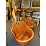 A PAIR OF CONTEMPORARY COOPERED WOODEN BUCKETS WITH BIRD FORM HANDLES. H. 63cm.