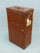 AN ELGIN LEATHER Co. BOMBAY LEATHER CABIN WARDROBE TRUNK WITH GREEN CANVAS COVER, ONE NARROW END LIF