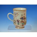 A CHINESE EXPORT MUG PAINTED WITH WOMEN AND CHILDREN ABOUT A TABLE ONE PLAYING A CYMBAL. H 12cms.