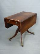 A REGENCY ROSEWOOD PEMBROKE TABLE, DRAWERS TO BOTH ENDS BELOW THE ROUNDED RECTANGULAR TOP SUPPORTED