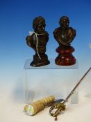 A DECORATIVE BRONZE BUST OF NELSON. H 13cms. A BUST OF MOZART. H 13cms. A MINIATURE SWORD AND