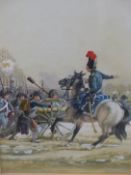 20th.C. SCHOOL. AN EQUESTRIAN MOUNTED OFFICER COMMANDING AN ARTILLERY UNIT IN BATTLE. WATERCOLOUR,