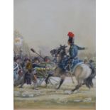 20th.C. SCHOOL. AN EQUESTRIAN MOUNTED OFFICER COMMANDING AN ARTILLERY UNIT IN BATTLE. WATERCOLOUR,