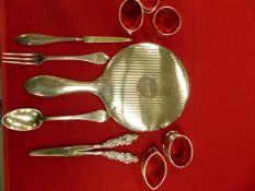 A SILVER BIRKS DRESSING TABLE MIRROR AND SILVER HANDLED NAIL FILE, A PAIR OF SILVER HANDLED GLOVE
