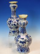 TWO 18th C. DUTCH DELFT BLUE AND WHITE ONION TOPPED VASES VARIOUSLY PAINTED WITH FLOWERS AND