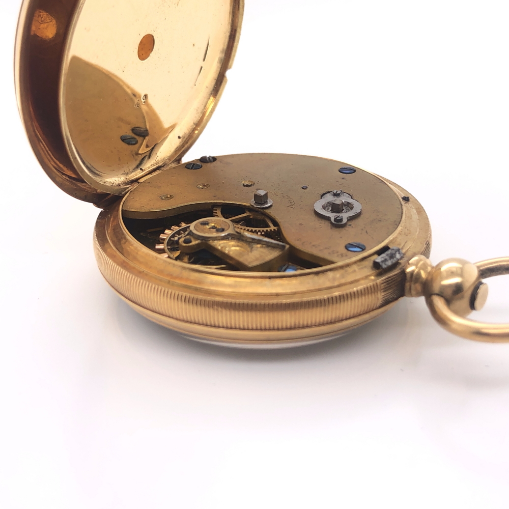 AN 18ct YELLOW GOLD OPEN FACE POCKET WATCH. CASE DIAMETER 42mm, GROSS WEIGHT 67.6grms. - Image 9 of 12