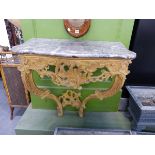 A FRENCH LOUIS XV STYLE VARIEGATED GREY MARBLE TOPPED PAINTED PINE CONSOLE TABLE, THE BASE CARVED
