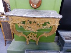 A FRENCH LOUIS XV STYLE VARIEGATED GREY MARBLE TOPPED PAINTED PINE CONSOLE TABLE, THE BASE CARVED