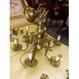 AN ANTIQUE BRASS DUTCH STYLE SIX BRANCH CHANDELIER WITH PHOENIX FINIAL.