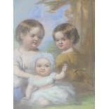 MID 19th.C. ENGLISH SCHOOL. THREE CHILDREN. INDISTINCTLY SIGNED, PASTEL. 38 x 28cms.