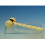 AN IVORY GAVEL THE HEAD MOUNTED WITH A WHITE METAL BAND INSCRIBED P T K III. W 16cms.