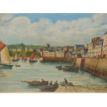 E. FAGOT (20th.C.). ARR. A FISHING VILLAGE. OIL ON CANVAS, SIGNED AND INSCRIBED. 36 x 53cms.